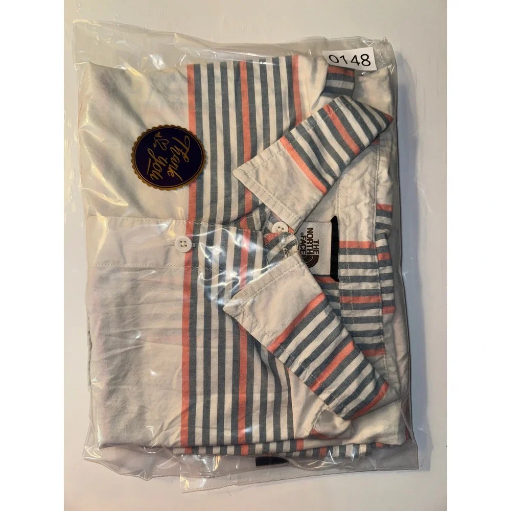The North Face Button Up Shirt Mens XL White Blue Orange Striped Short Sleeve